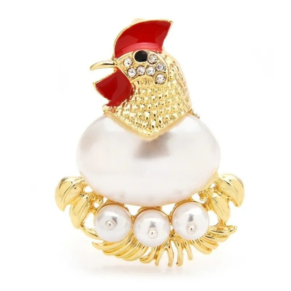 Hen with Eggs Brooch Pin Enamel Rhinestone Farm Animal Jewelry Gift Idea - Picture 1 of 2